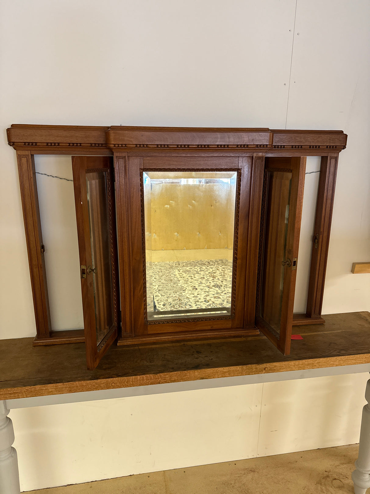 Three-section cherry wood framed mirror W.116cm D.11cm, H.76.5cm