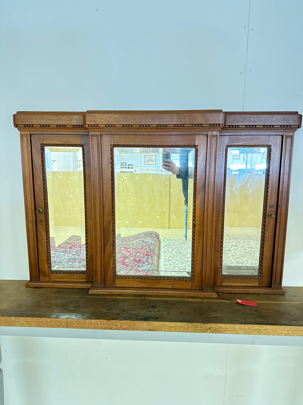 Three-section cherry wood framed mirror W.116cm D.11cm, H.76.5cm
