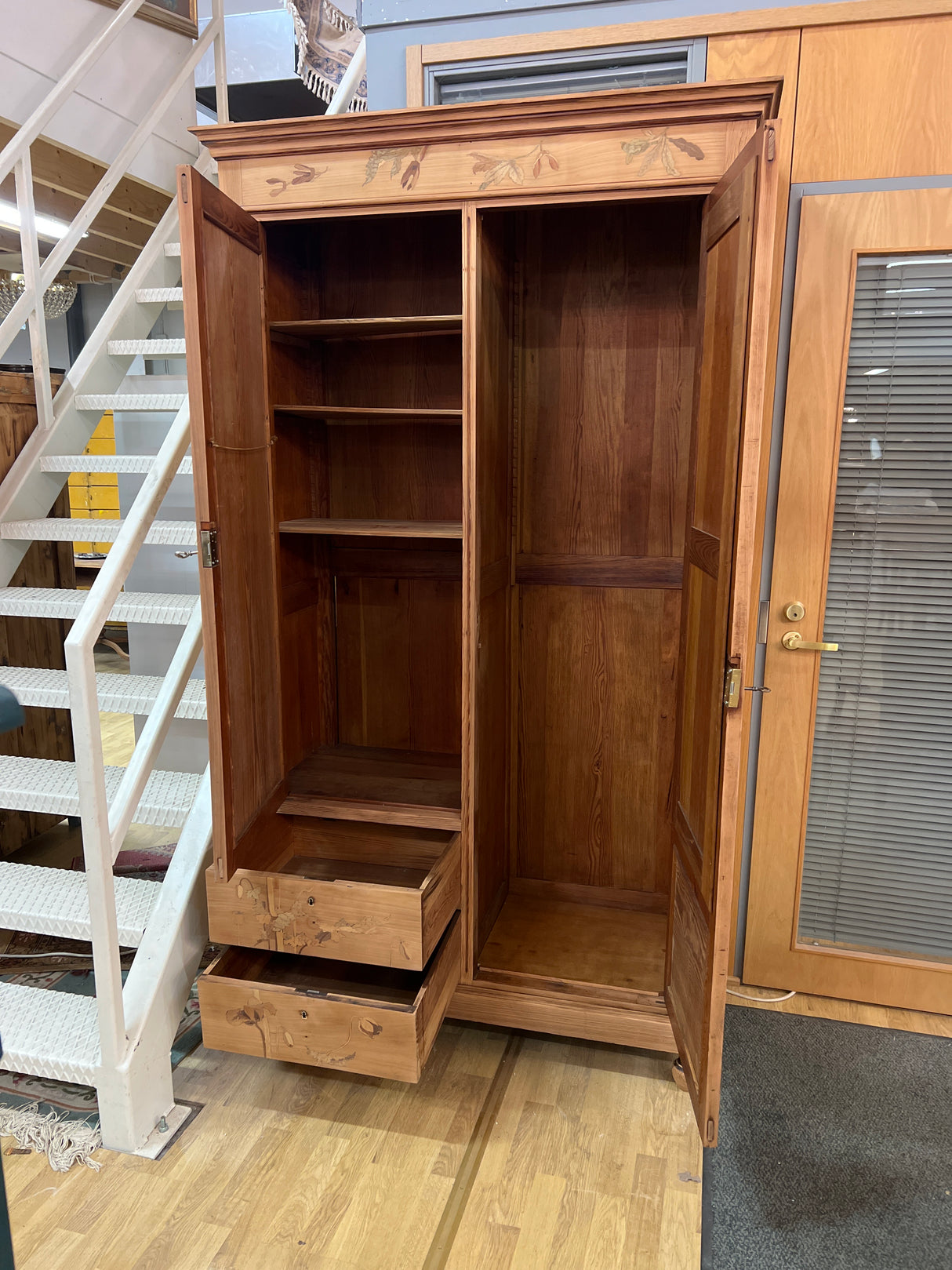 Beautiful wooden wardrobe with a finished surface. Width 119.5cm, Depth 49.5cm, Height 211.5cm.