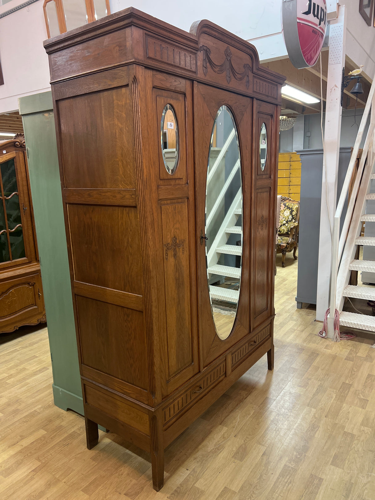 Beautiful Art Nouveau oak wardrobe, W. 143cm, D. 55cm and H. 217.5cm.