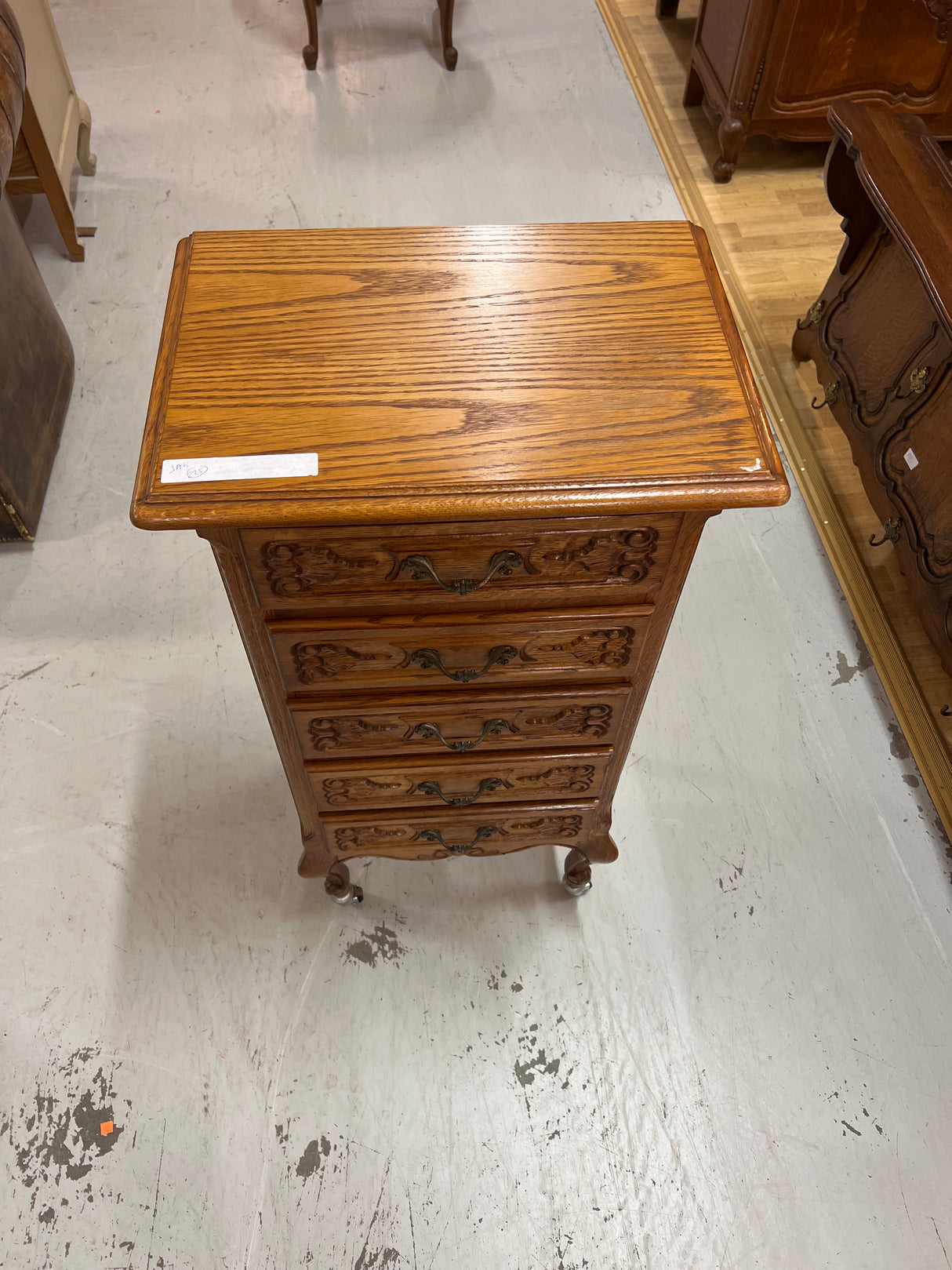 Rococo chest of drawers, W. 48cm, D. 33cm, H. 99cm (including wheels).