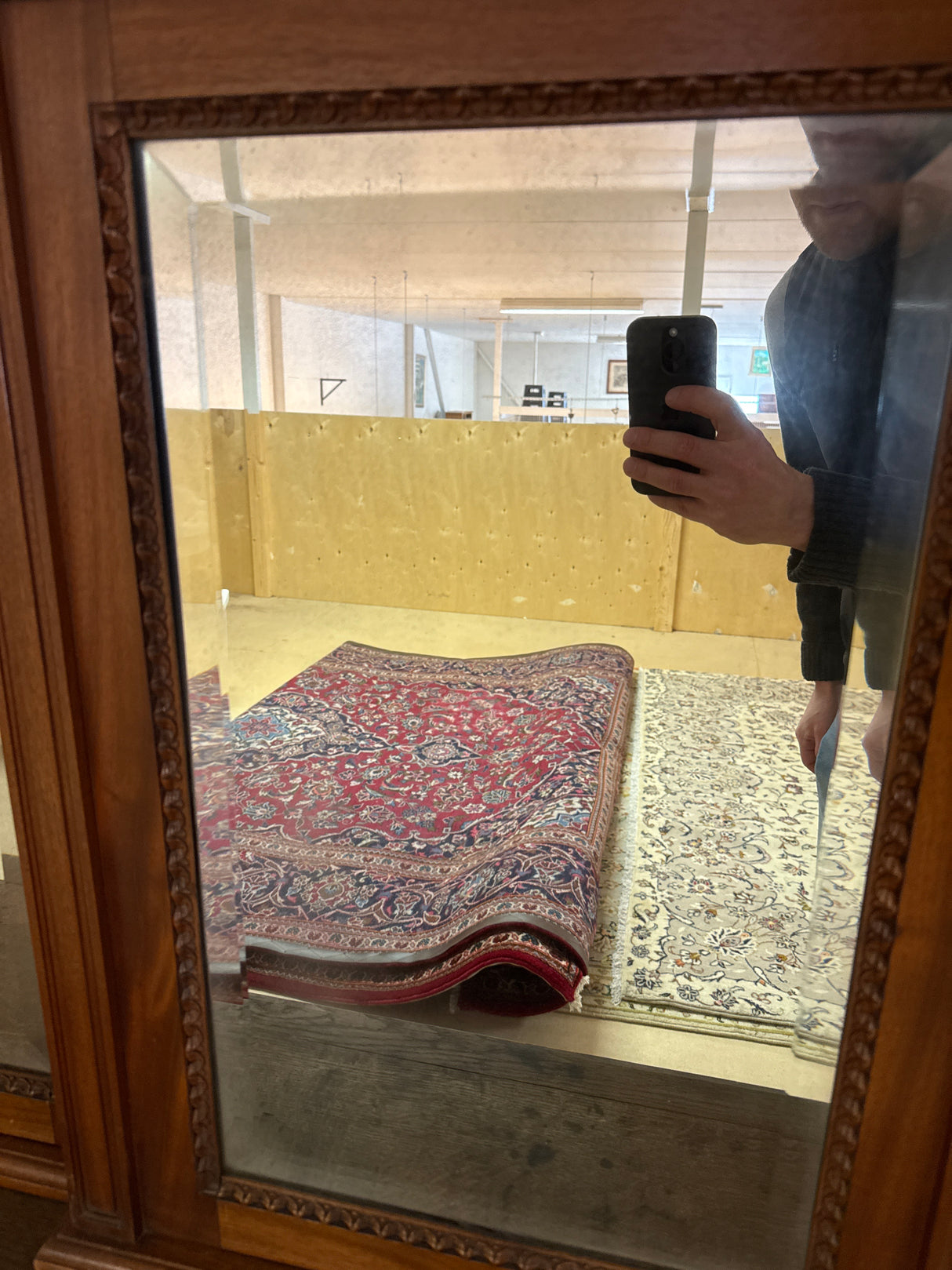 Three-section cherry wood framed mirror W.116cm D.11cm, H.76.5cm
