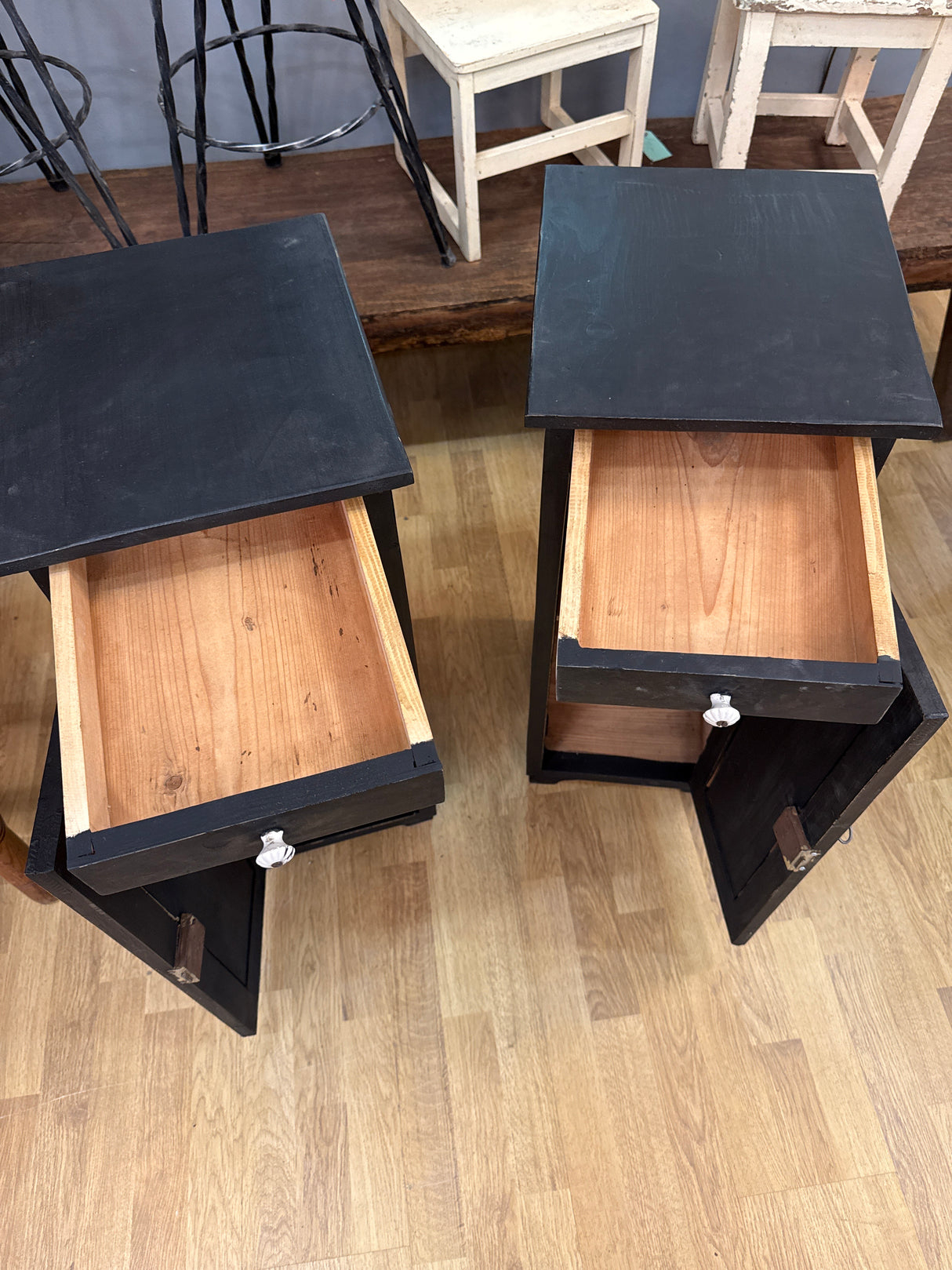 Black bedside table pair W.31cm, D,34cm, H,77.5cm
