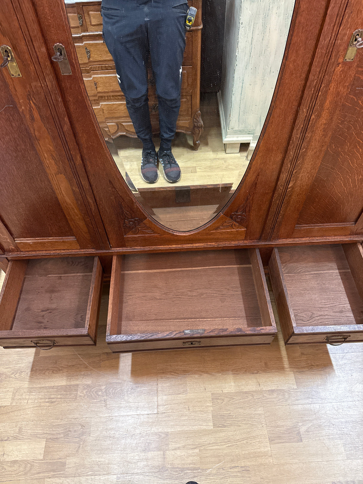 Stunning Art Nouveau cabinet with bevelled mirrors W.155cm, D.57cm, H.224.5cm