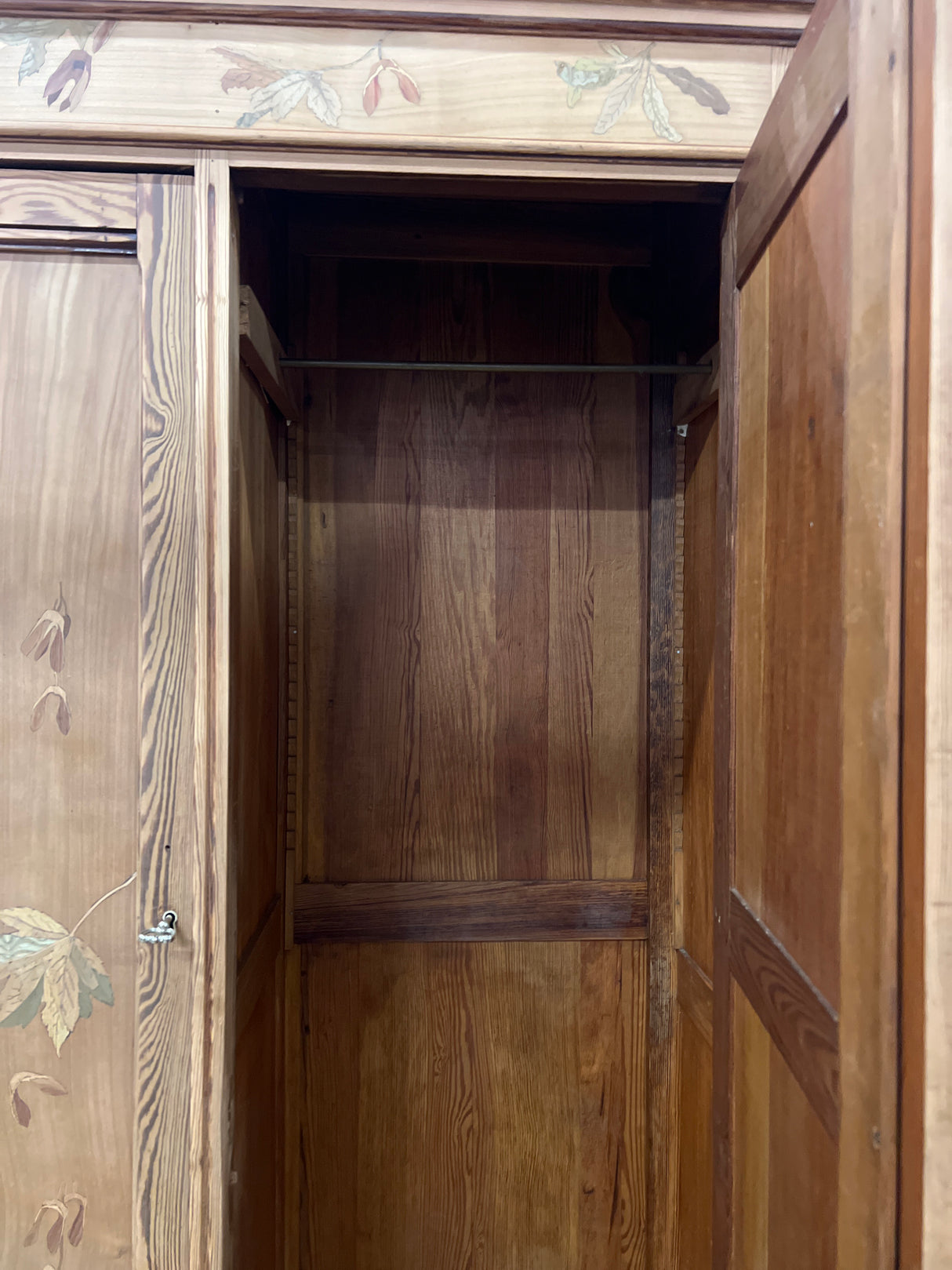 Beautiful wooden wardrobe with a finished surface. Width 119.5cm, Depth 49.5cm, Height 211.5cm.