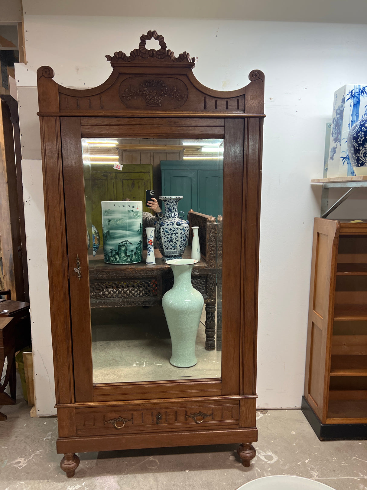 Gorgeous Art Nouveau wardrobe with a beveled mirror door W. 102cm, D. 49.5cm and H. 212cm