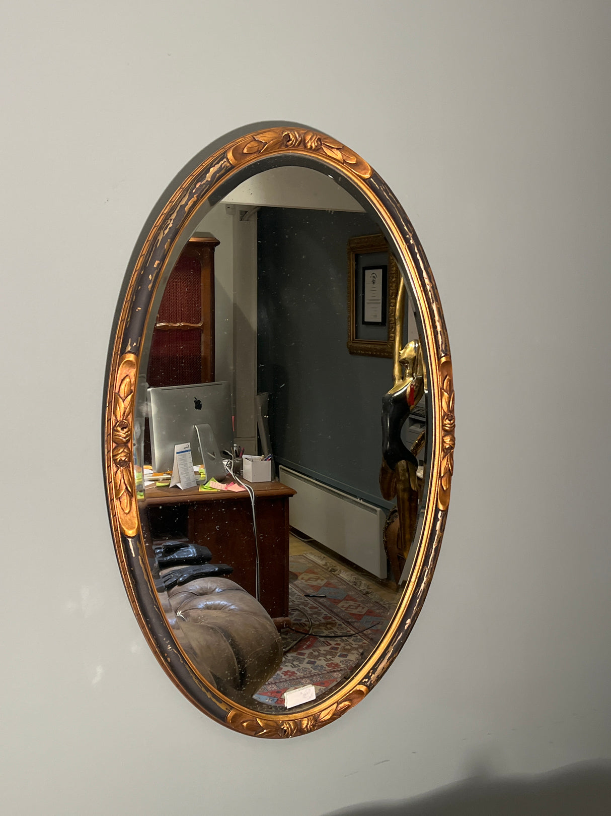 Beautiful old faceted mirror with wooden frame, 100cm x 63cm.