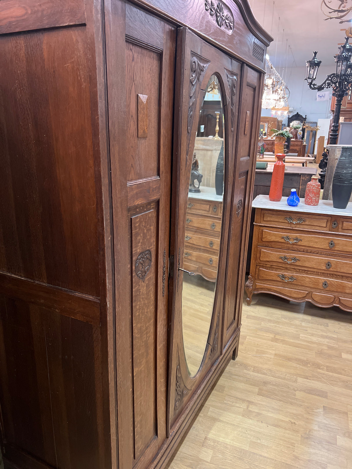 Art Nouveau wardrobe with oval mirror, W. 143.5cm, D. 55.5cm and H. 198.5cm