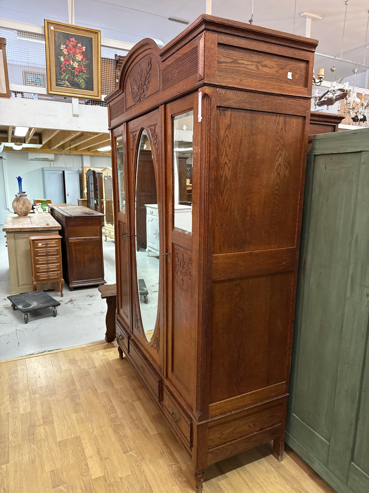 Stunning Art Nouveau cabinet with bevelled mirrors W.155cm, D.57cm, H.224.5cm