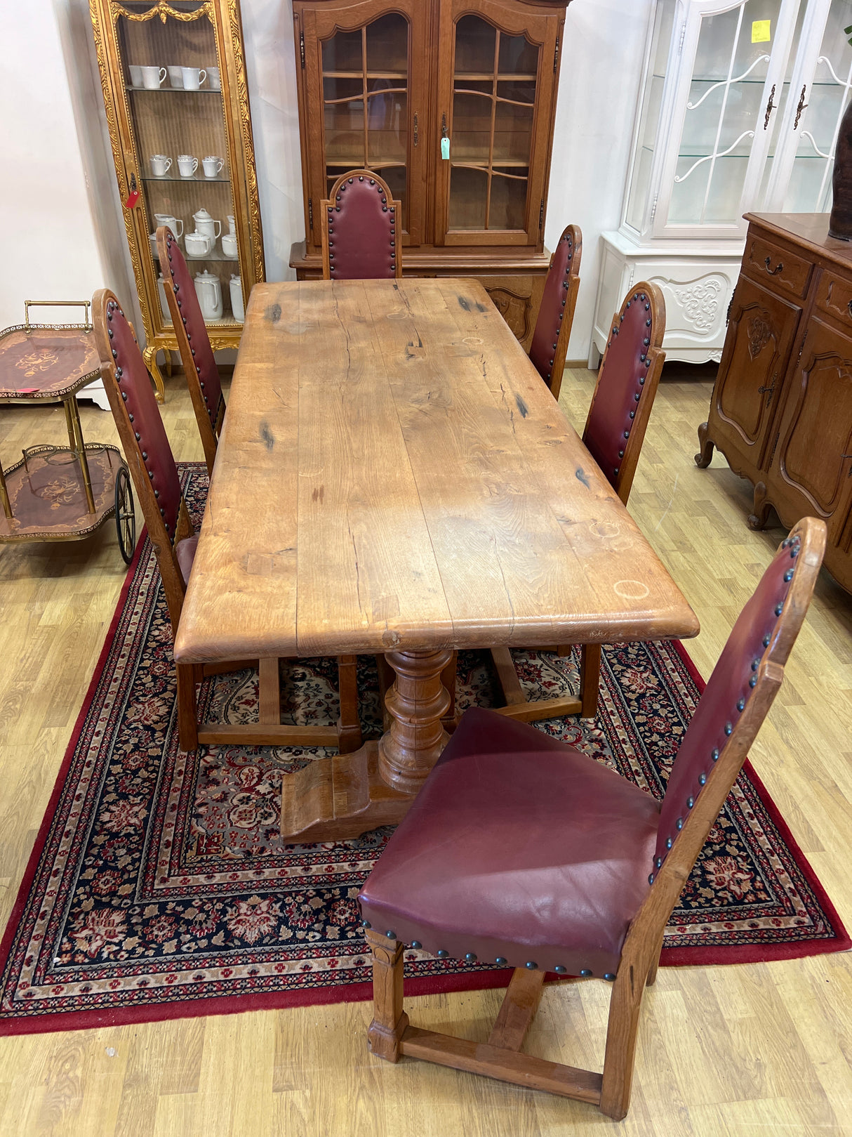 Gorgeous oak dining set. Table length 220cm, width 84cm and height 78cm.