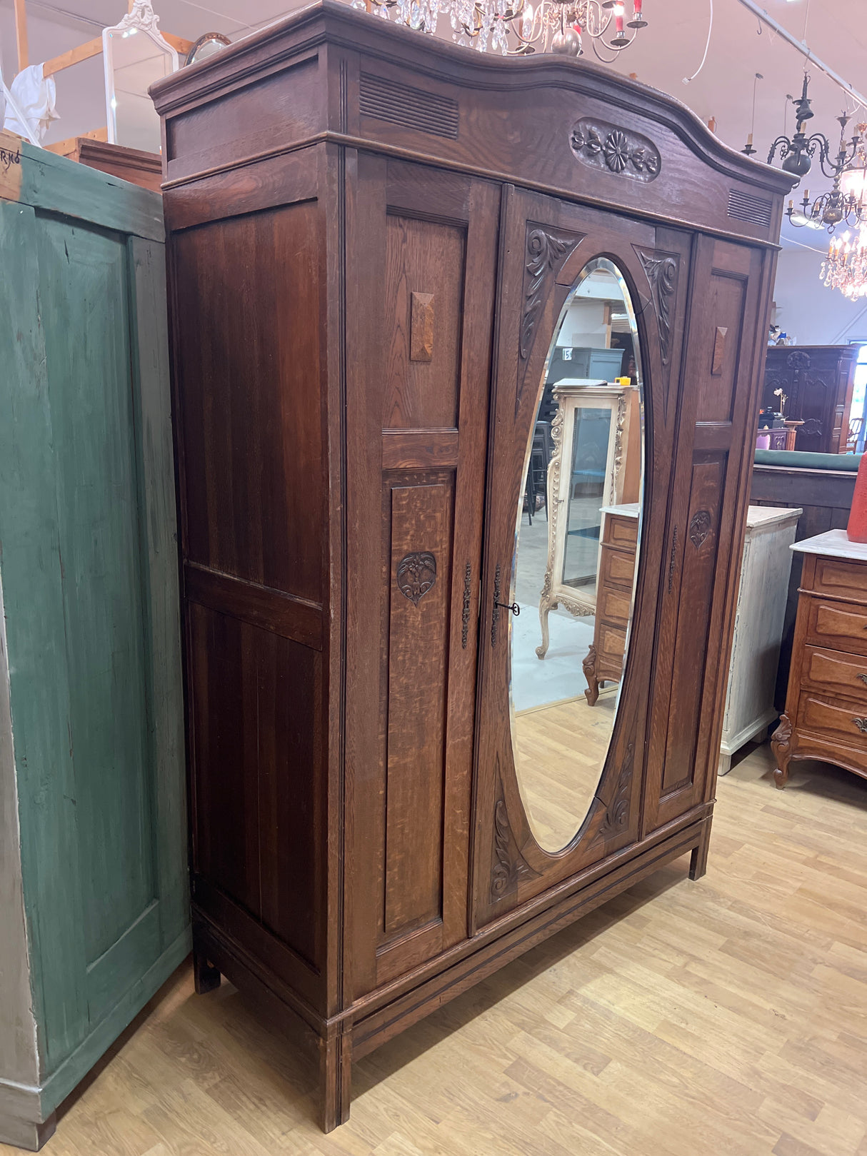 Art Nouveau wardrobe with oval mirror, W. 143.5cm, D. 55.5cm and H. 198.5cm