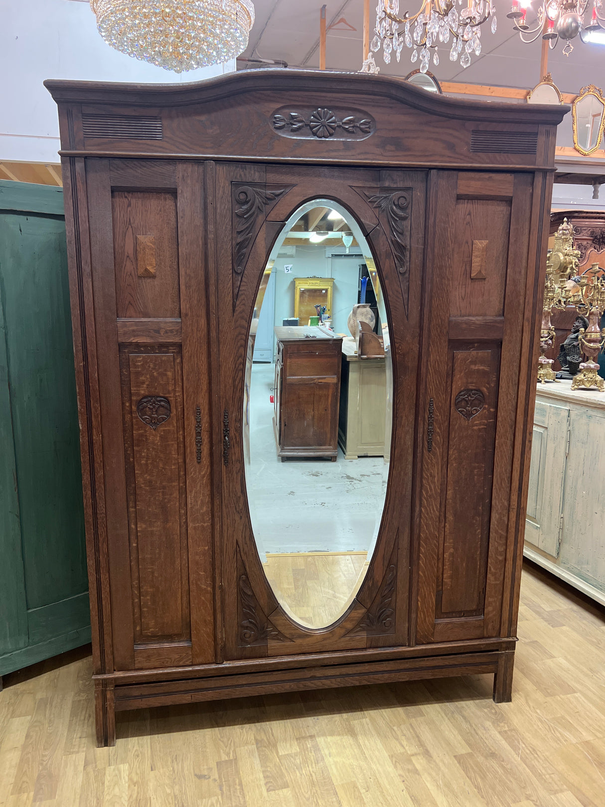 Art Nouveau wardrobe with oval mirror, W. 143.5cm, D. 55.5cm and H. 198.5cm