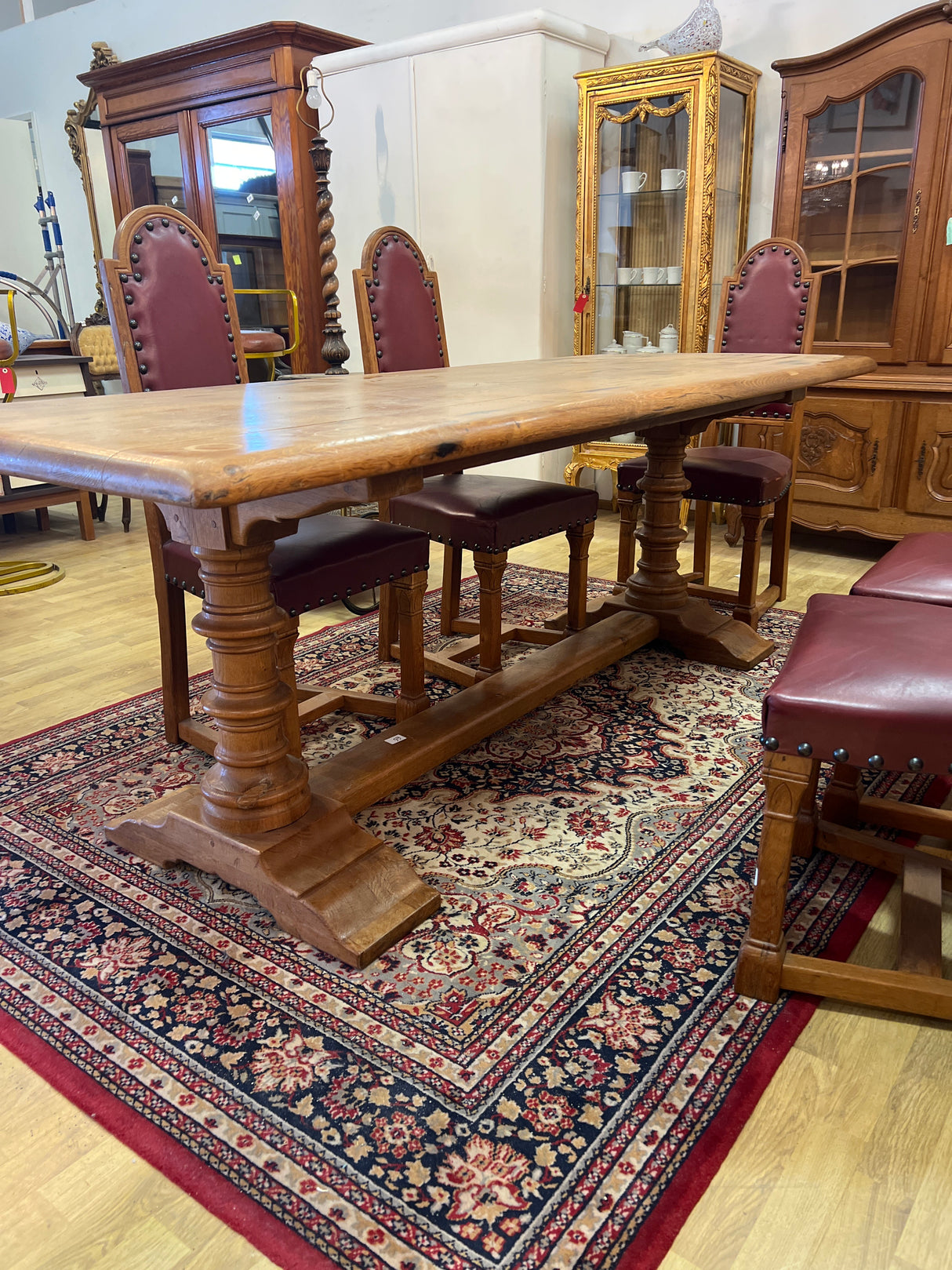 Gorgeous oak dining set. Table length 220cm, width 84cm and height 78cm.