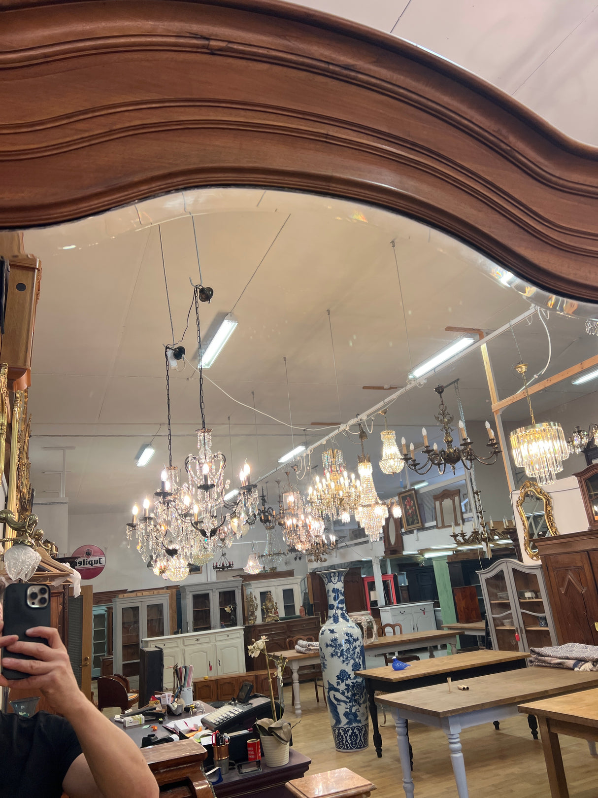 Giant facet-cut mirror with hardwood frame. W. 140cm and H. 241cm